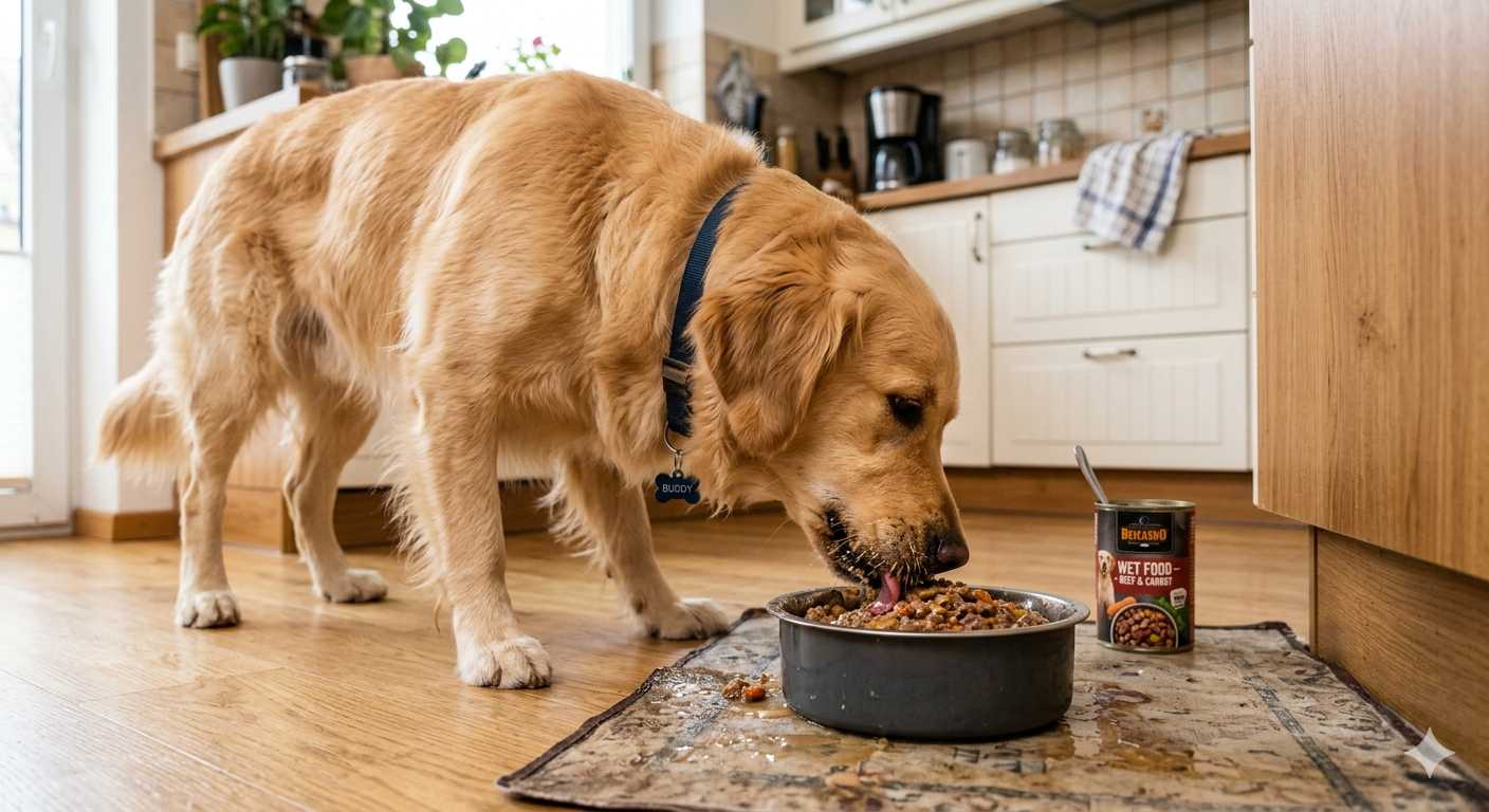 Golden Retriever frisst Nassfutter aus einem Hundenapf auf dem Küchenboden