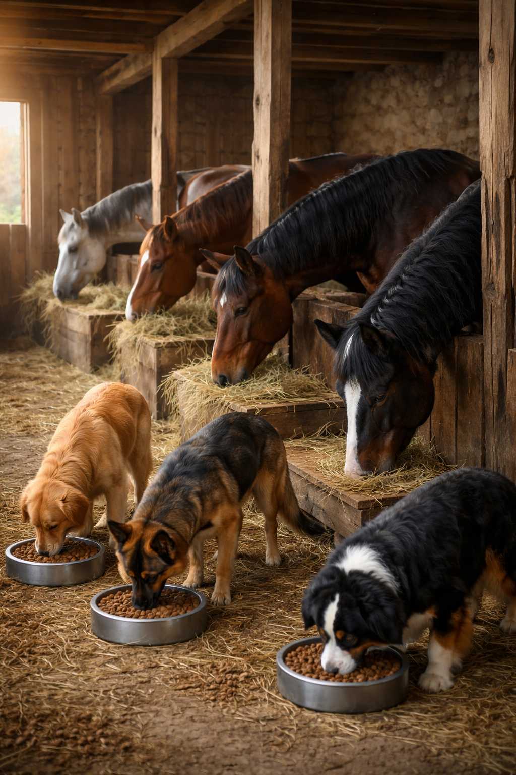 Mehrere Pferde fressen Heu in Boxen während Hunde davor aus Futternäpfen fressen