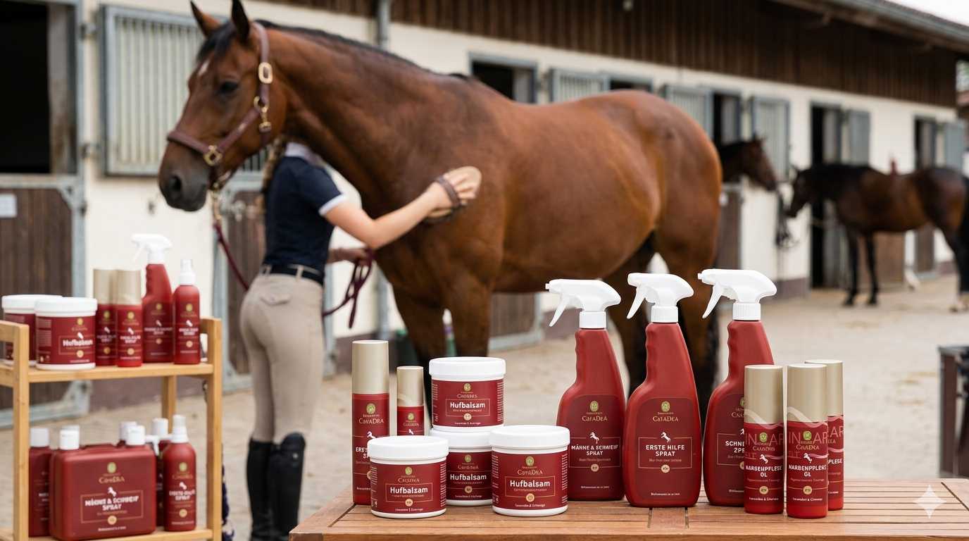 Pferdepflegeprodukte wie Hufbalsam und Sprays im Vordergrund, während ein Pferd im Stall gebürstet wird