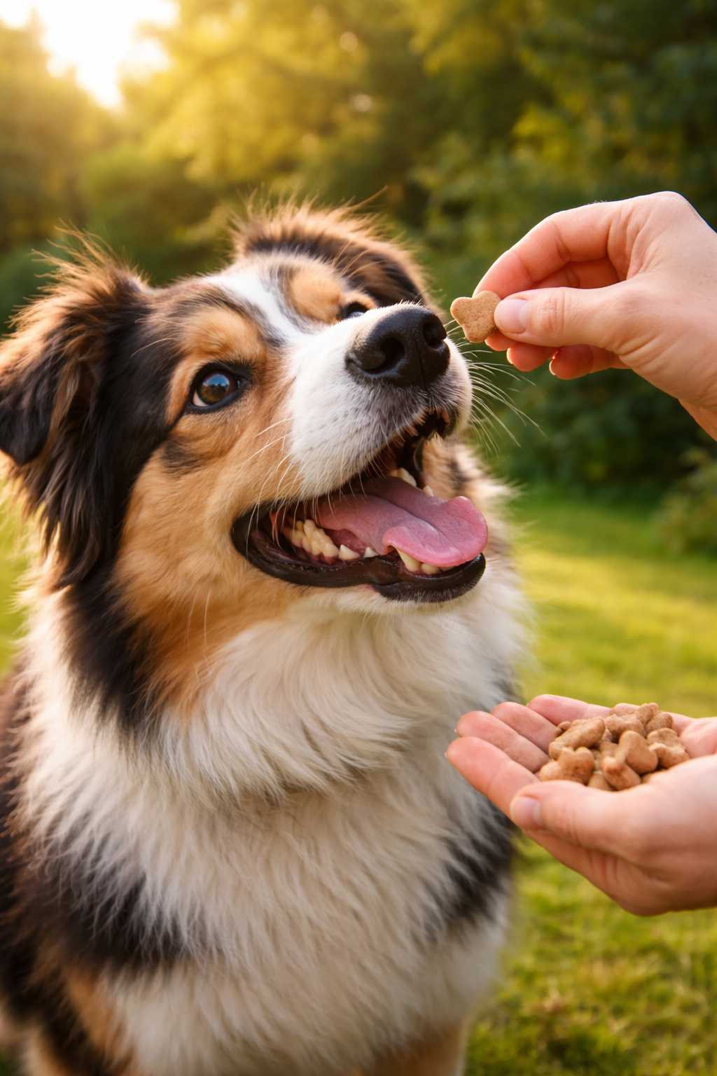 Hund erhält ein kleines Hundeleckerli aus der Hand einer Person im Garten