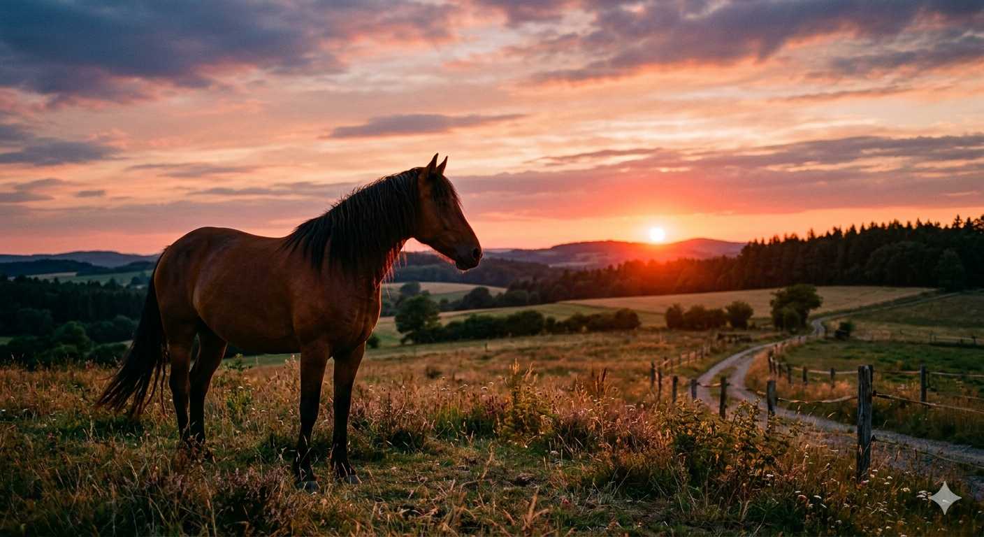 Braunes Pferd steht auf einer Wiese und blickt über eine Landschaft bei Sonnenuntergang mit Feldern und Hügeln