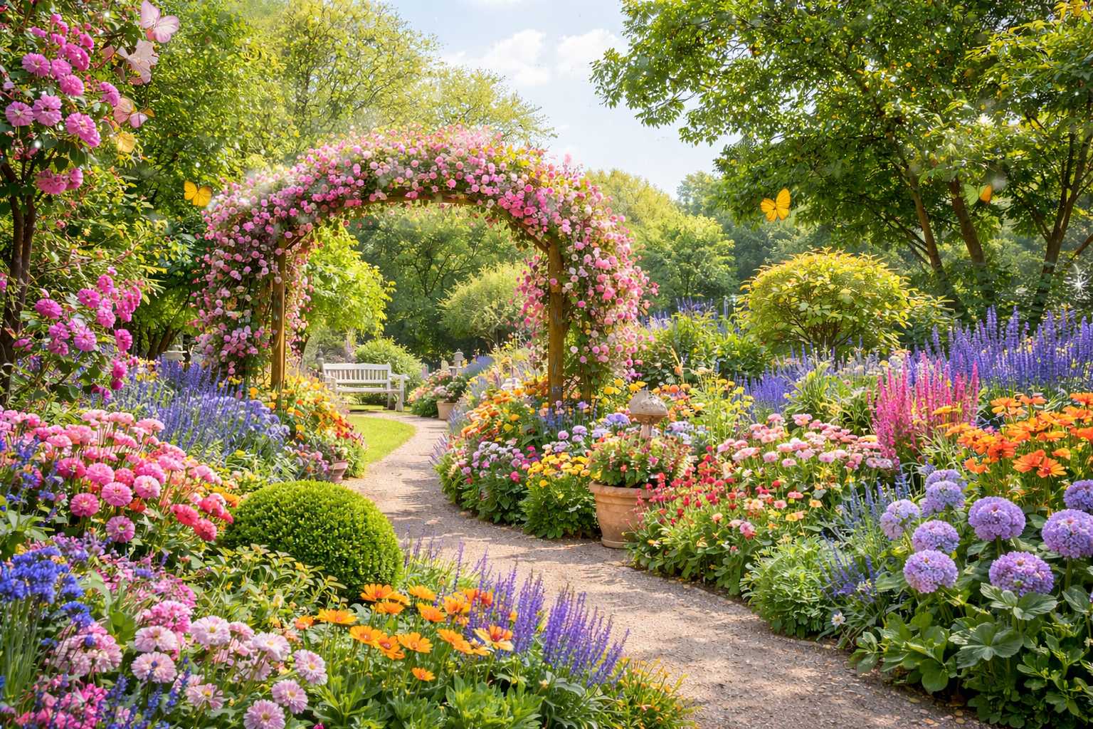 Blühender Gartenweg mit Rosenbogen, umgeben von vielfältigen bunten Blumen und üppiger Bepflanzung in idyllischer Atmosphäre