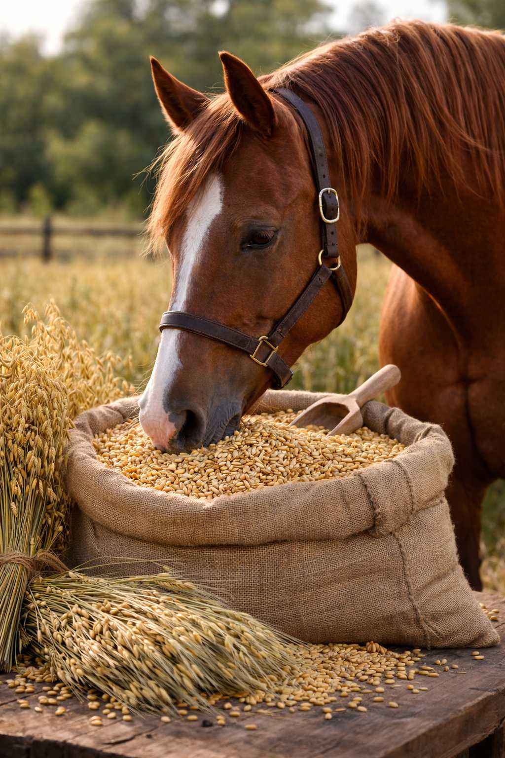 Braunes Pferd frisst Haferkörner aus einem Sack neben Haferähren als traditionelles Pferdefutter