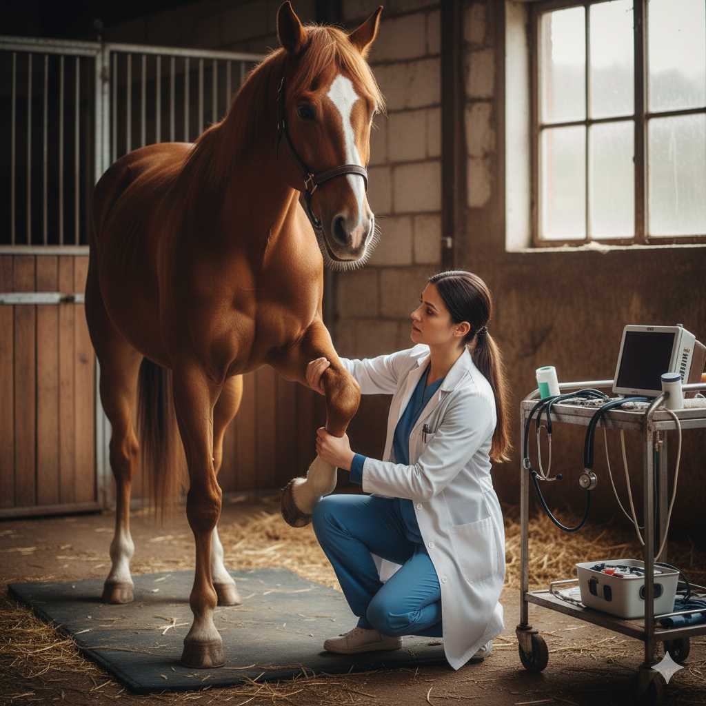 Tierärztin im weißen Kittel untersucht das angehobene Vorderbein eines Pferdes im Stall, während medizinische Geräte zur Diagnostik bereitstehen.