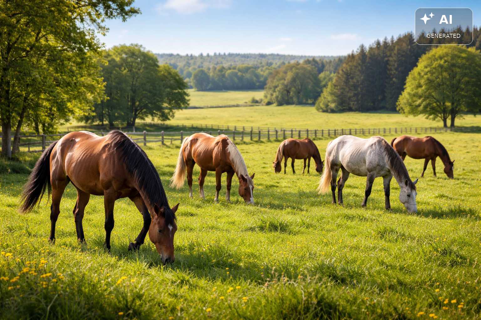 Fünf braune und graue Pferde grasen auf einer weitläufigen grünen Weide. Im Hintergrund sind Holzzäune, Wiesen und ein Wald zu sehen.