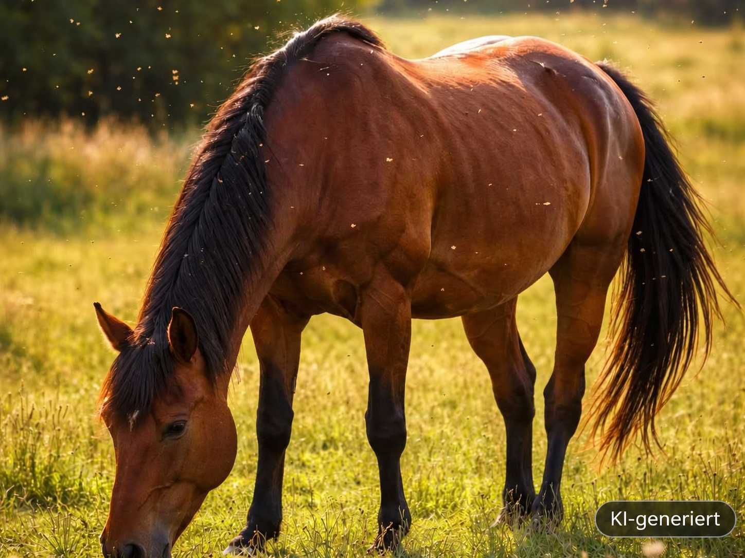 Braunes Pferd mit schwarzer Mähne und langem Schweif grast auf einer grünen Wiese im warmen Sonnenlicht. Kleine Insekten fliegen um das Pferd.