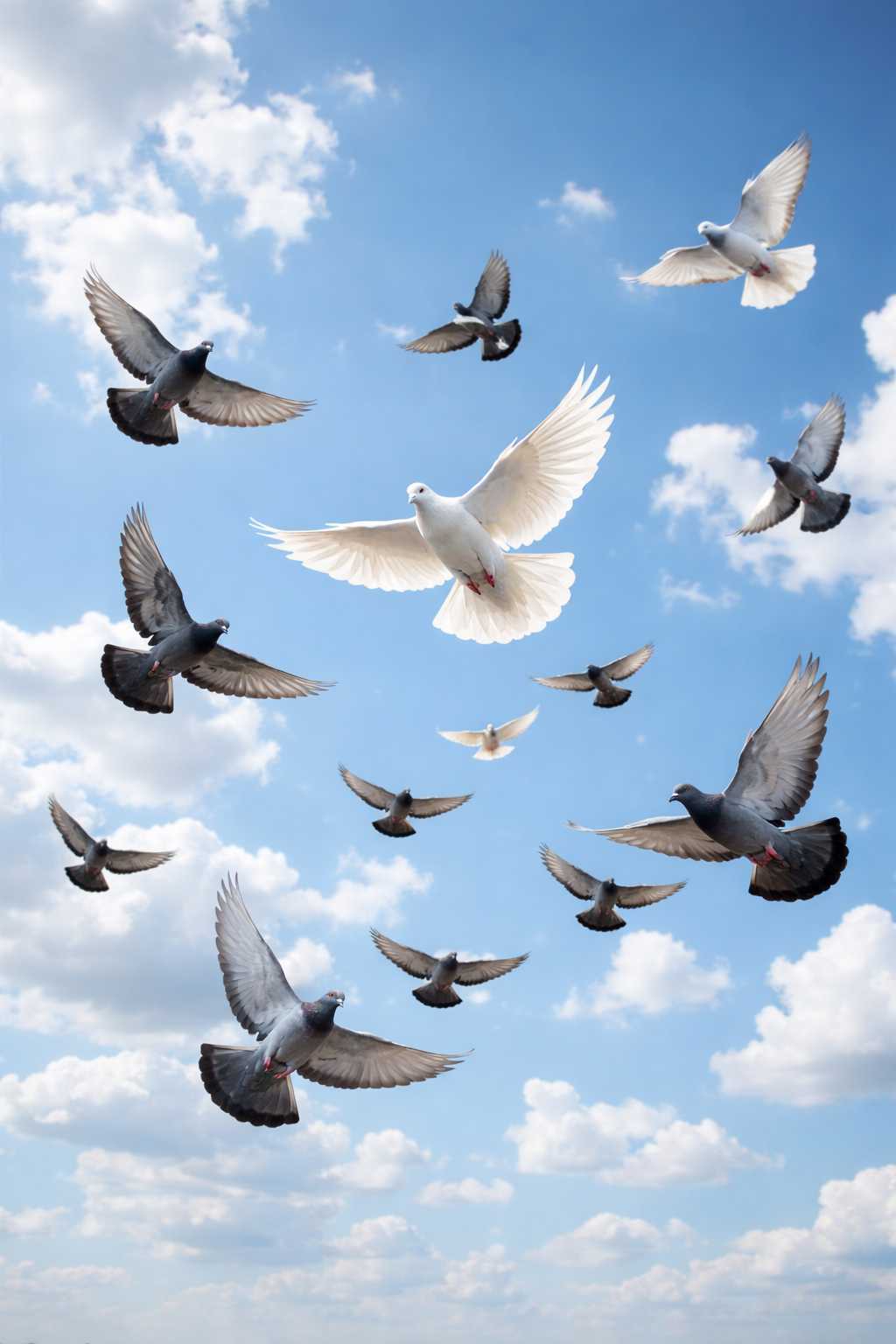 Mehrere Tauben und eine weiße Taube fliegen vor blauem Himmel mit Wolken