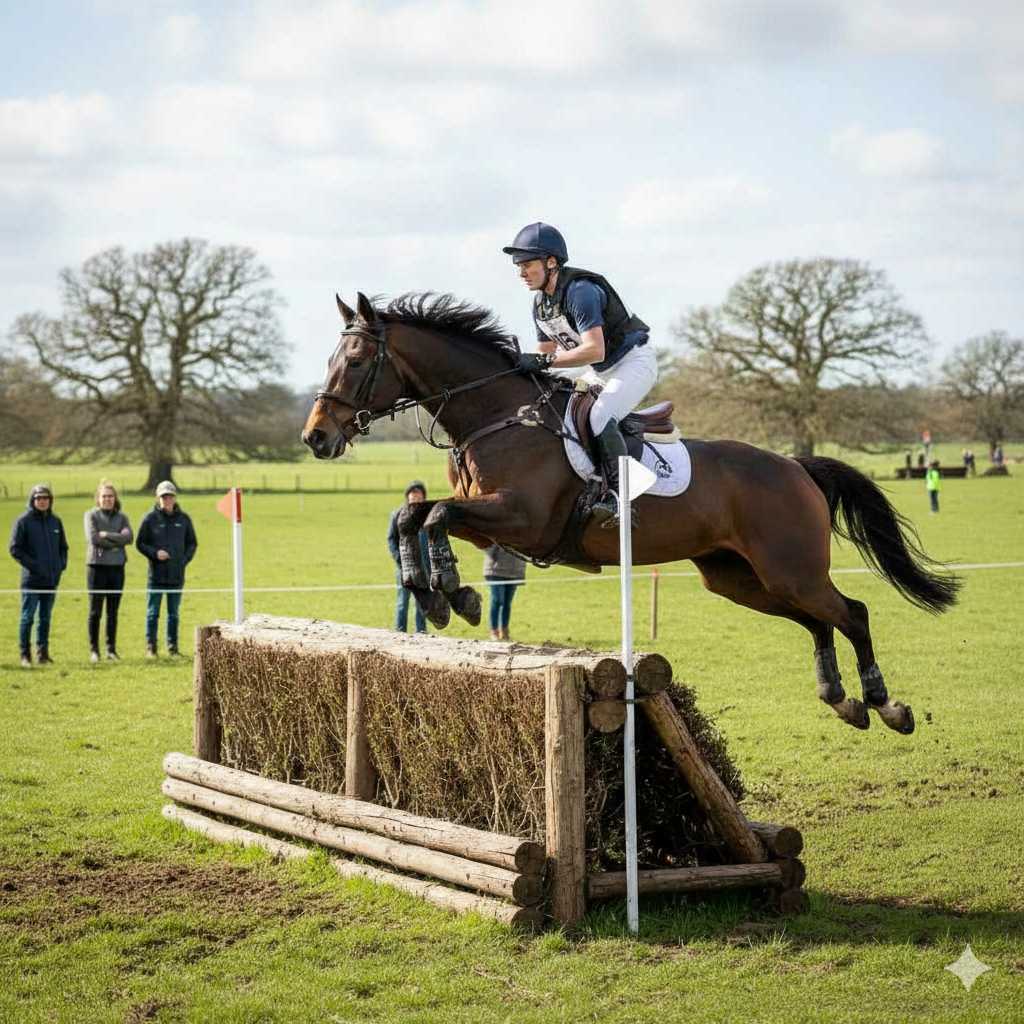 Ein Reiter mit Helm springt auf einem braunen Pferd über ein festes Hindernis aus Holz und Stroh auf einer grünen Wiese, im Hintergrund stehen Zuschauer am Rand des Parcours.