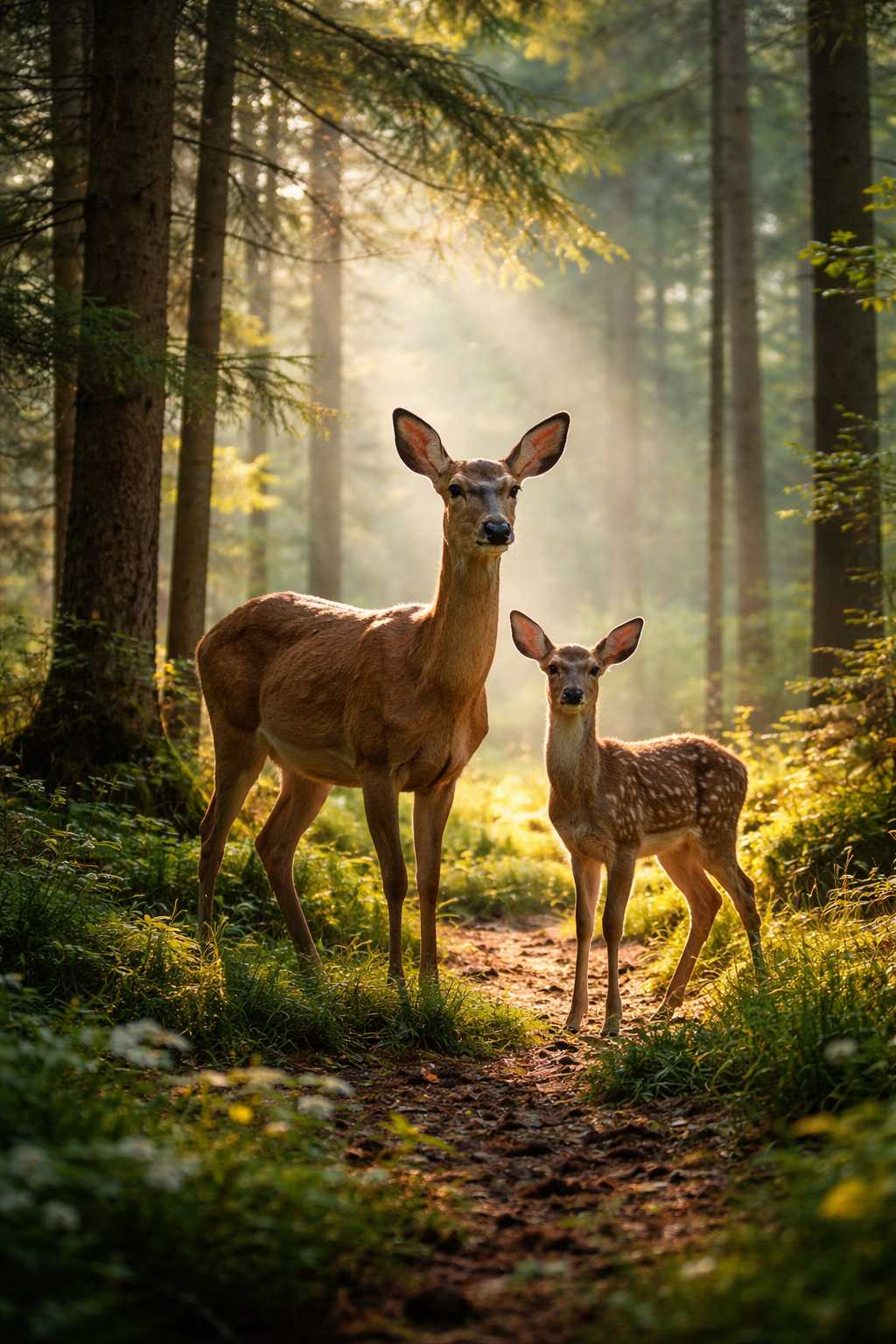 Reh und Kitz stehen auf einem Waldweg im Morgenlicht zwischen hohen Bäumen