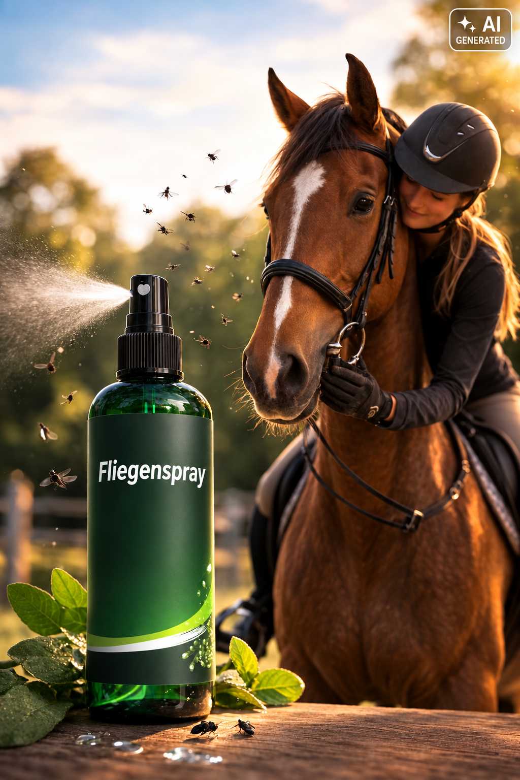 Braunes Pferd mit Reiterin auf einer Weide. Im Vordergrund steht eine grüne Flasche Fliegenspray mit Sprühnebel, umgeben von Blättern und fliegenden Insekten.