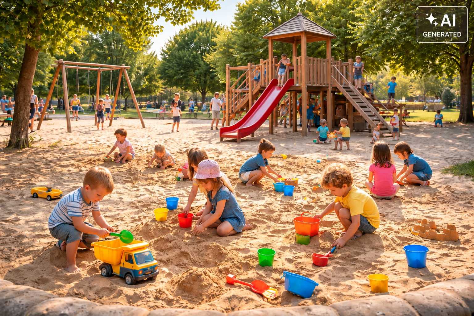 Kinder spielen auf einem großen Sandspielplatz mit Rutsche, Schaukel und Klettergerüst