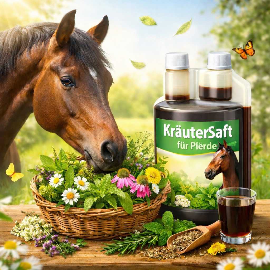 Pferd neben Kräutersaft für Pferde mit verschiedenen Heilkräutern, Blüten und Kräutermischung auf einem Tisch