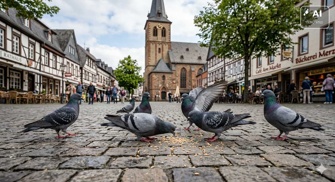 Mehrere Tauben auf einem gepflasterten Platz in einer historischen Innenstadt