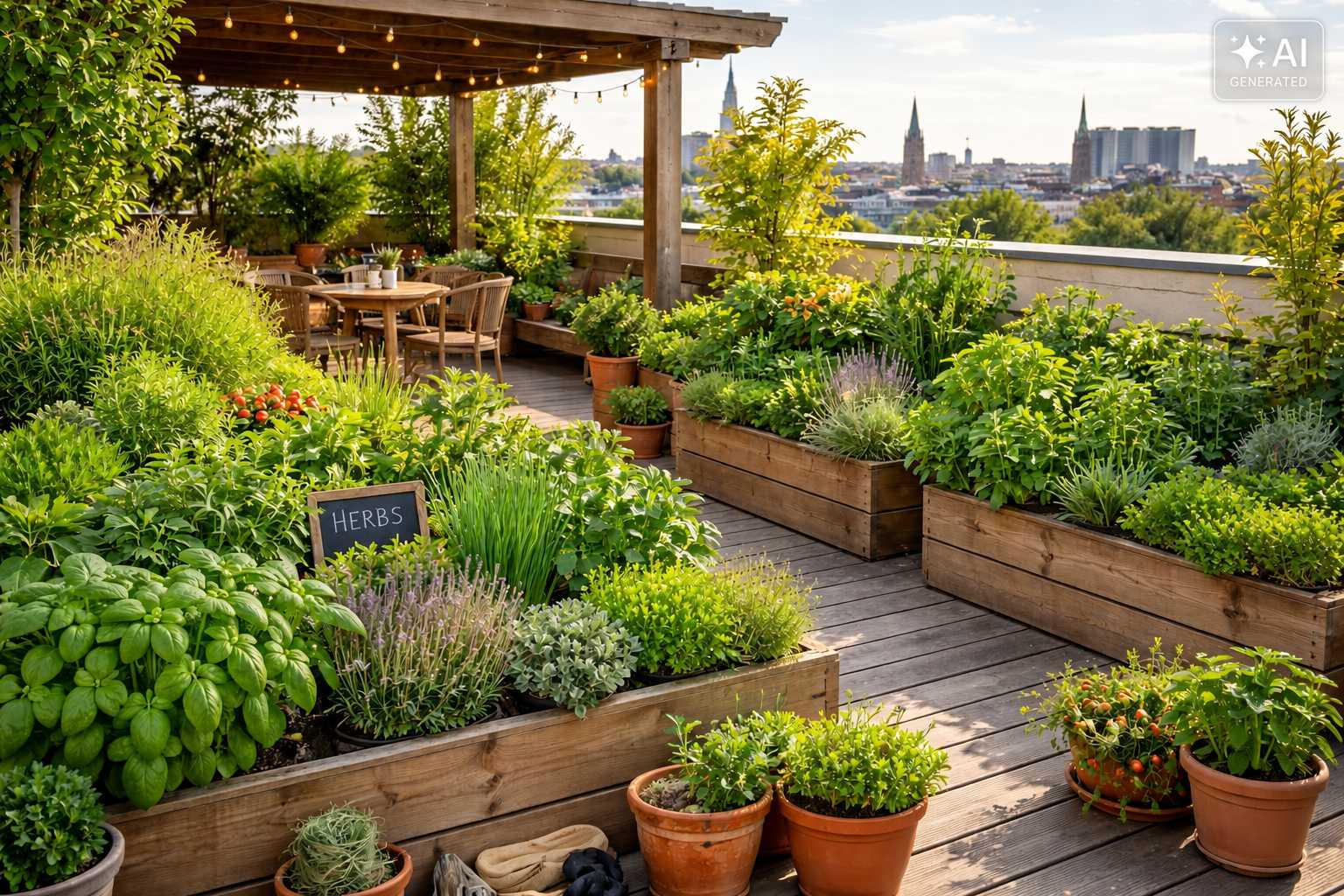 Begrünte Dachterrasse mit Kräutern, Gemüse, Hochbeeten und gemütlichem Sitzbereich
