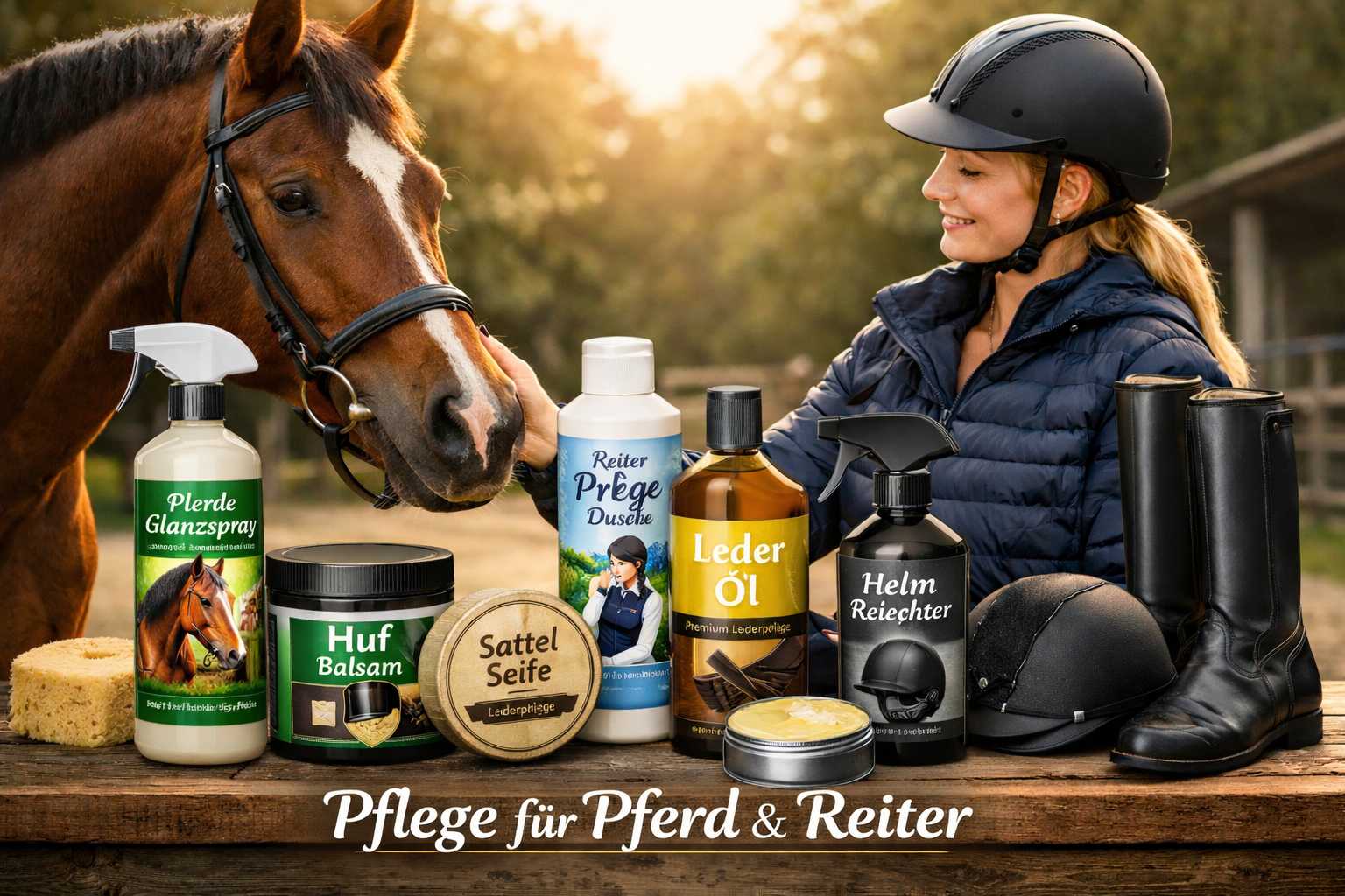 Reiterin mit Pferd neben verschiedenen Pflegeprodukten wie Hufbalsam, Lederöl und Pferde-Glanzspray