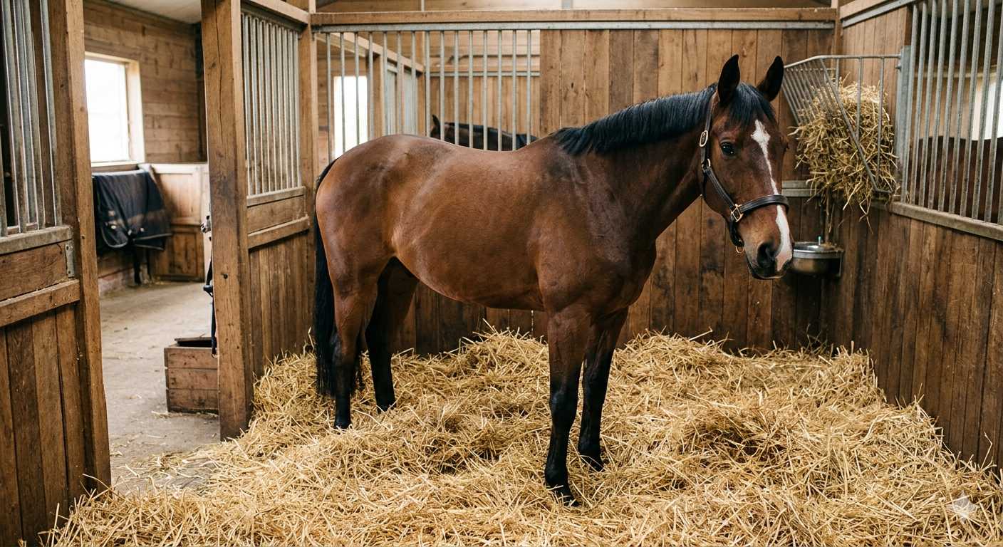 Braunes Pferd steht in einer Holzstallbox mit Stroh und Heunetz im Pferdestall
