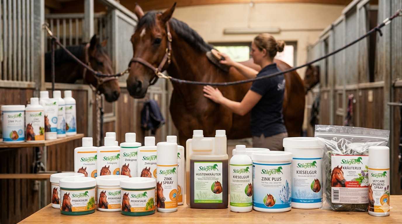 Stiefel Pferdepflege- und Ergänzungsprodukte wie Zinkspray, Kräuter und Kieselgur, präsentiert in einem Stall während ein Pferd gepflegt wird.