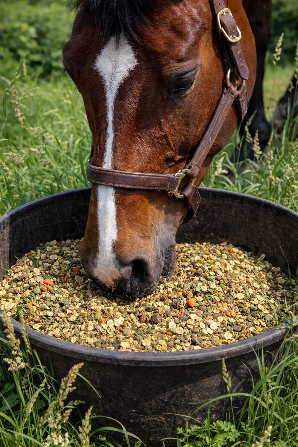 Braunes Pferd frisst strukturreiches Pferdefutter aus einer Futterschüssel auf der Weide