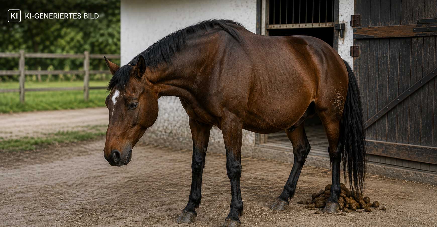 Braunes Pferd steht mit gesenktem Kopf vor einem geöffneten Pferdestall.