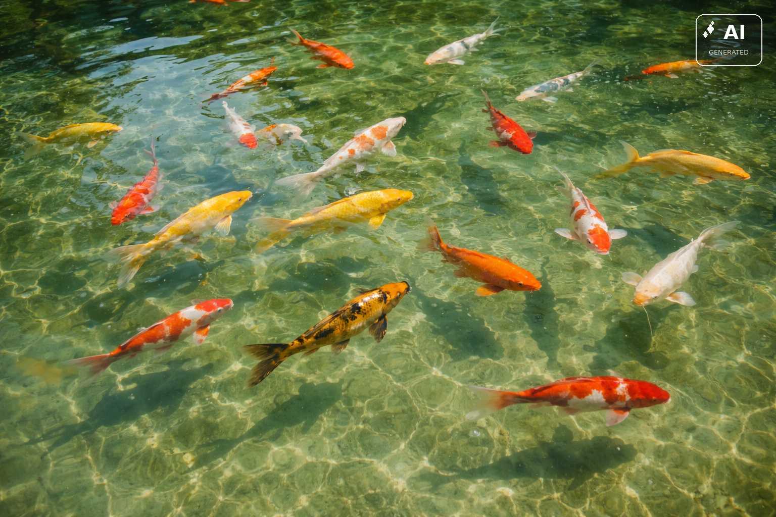 Mehrere farbenfrohe Koi-Karpfen schwimmen in einem klaren Teich