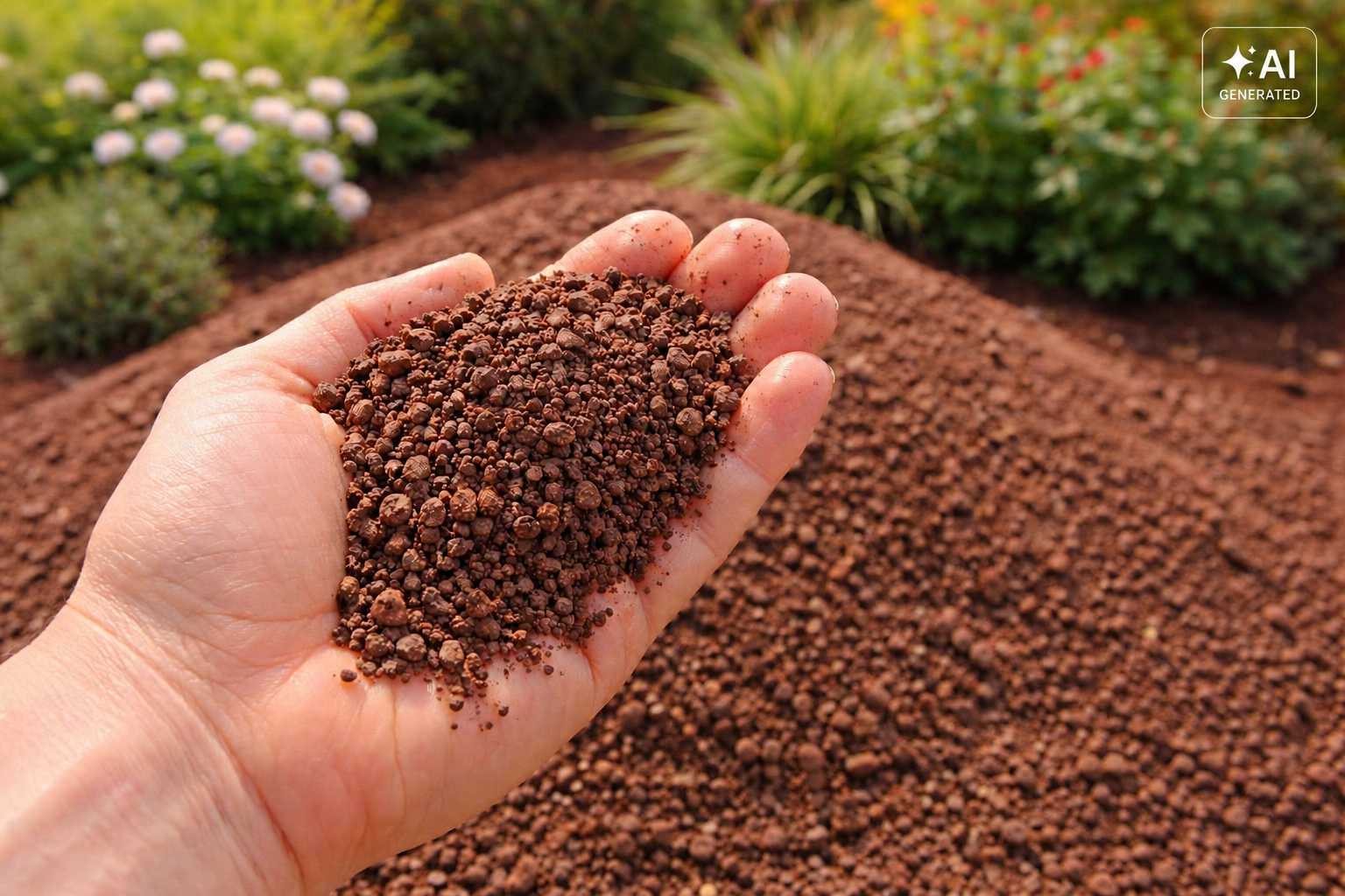 Rotes Lavagranulat in der Hand vor einem Gartenbeet