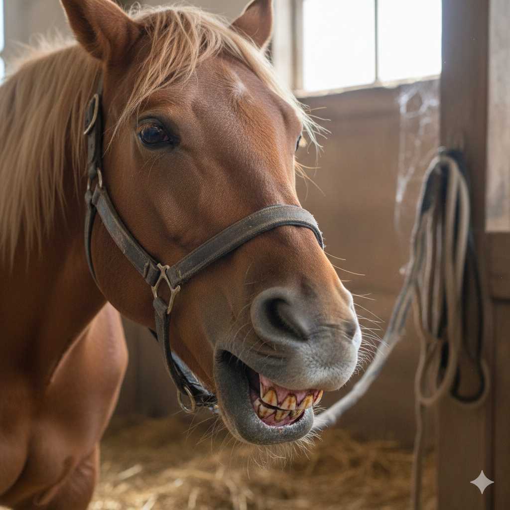 Nahaufnahme eines braunen Pferdes im Stall, das die Zähne zeigt; die Zähne wirken verfärbt und ungleichmäßig, im Hintergrund sind Stallwand und Halfter zu sehen.