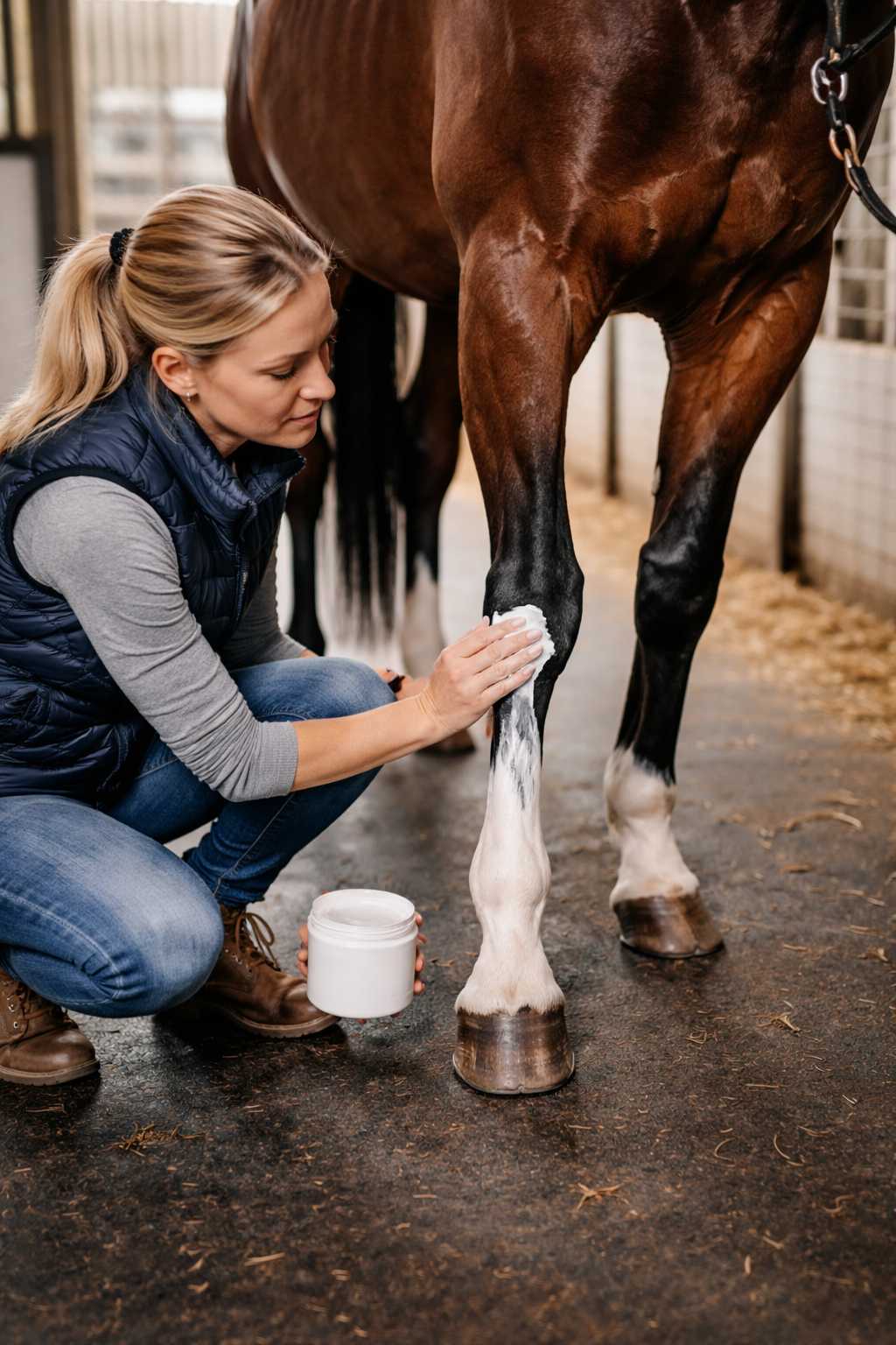 Frau reinigt das Bein eines Pferdes mit einem Schwamm und Pflegeprodukt im Stall