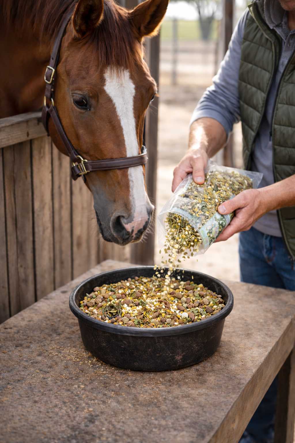 Pferdebesitzer mischt Kräuter und Saaten als natürliche Futterergänzung in das Pferdefutter im Stall