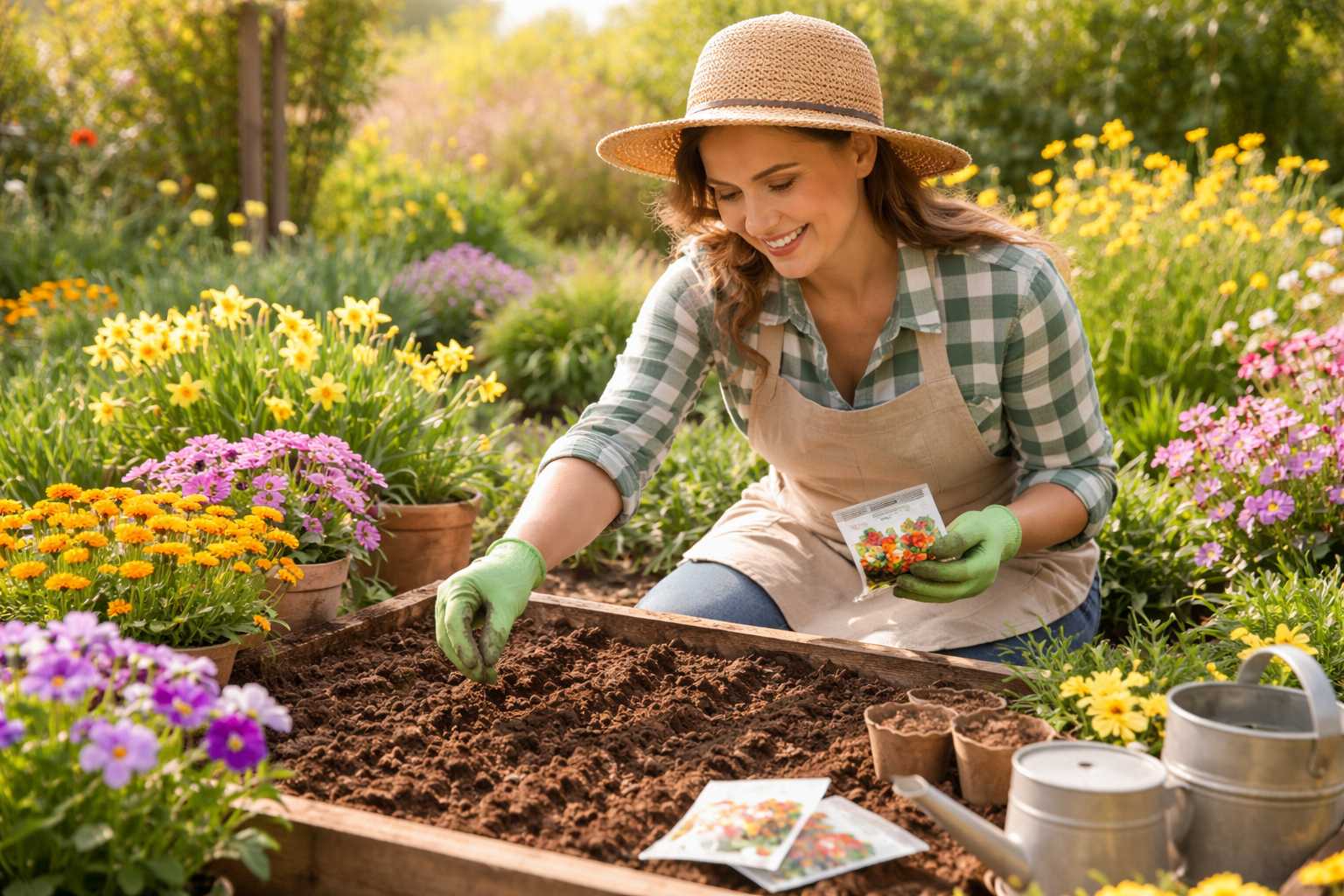 Frau mit Strohhut und Gartenhandschuhen sät Blumensamen in ein Beet, umgeben von bunten Frühlingsblumen
