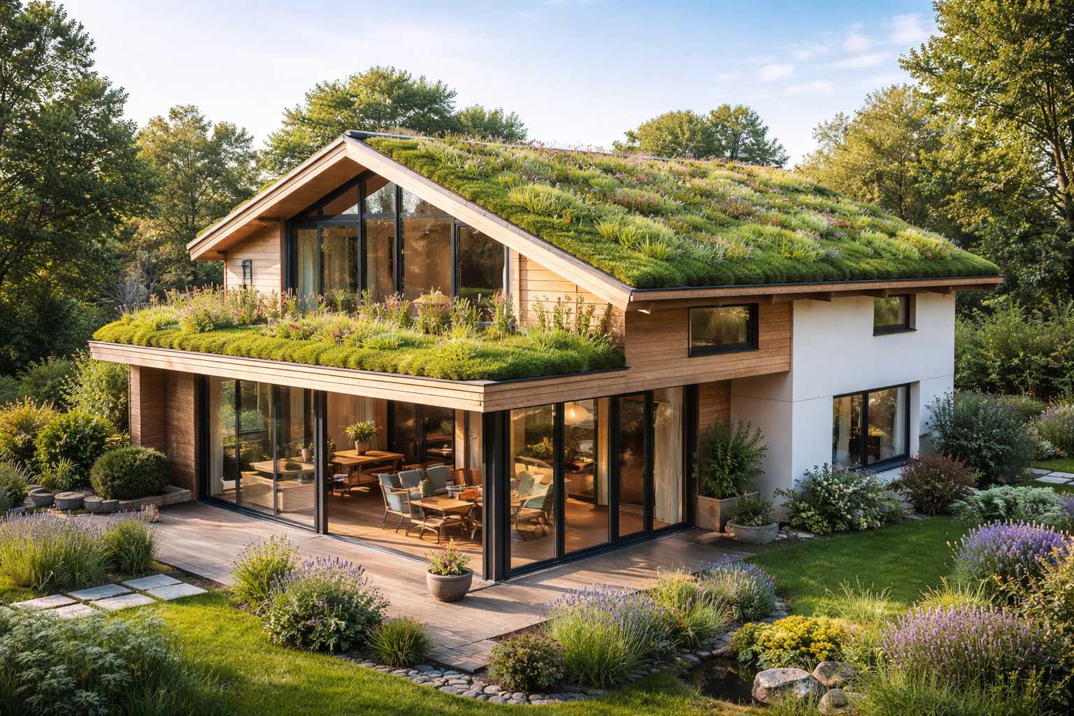 Modernes Einfamilienhaus mit begrüntem Dach, großer Terrasse und liebevoll angelegtem Garten mit Stauden und Zierpflanzen