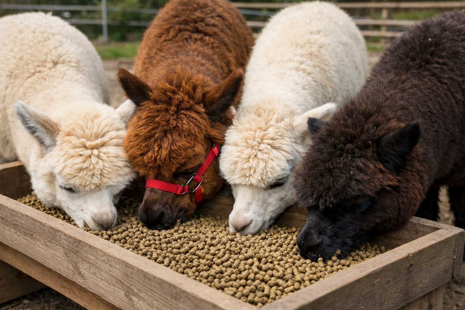 Mehrere Alpakas fressen gemeinsam Pellets aus einer Futterkrippe auf der Weide