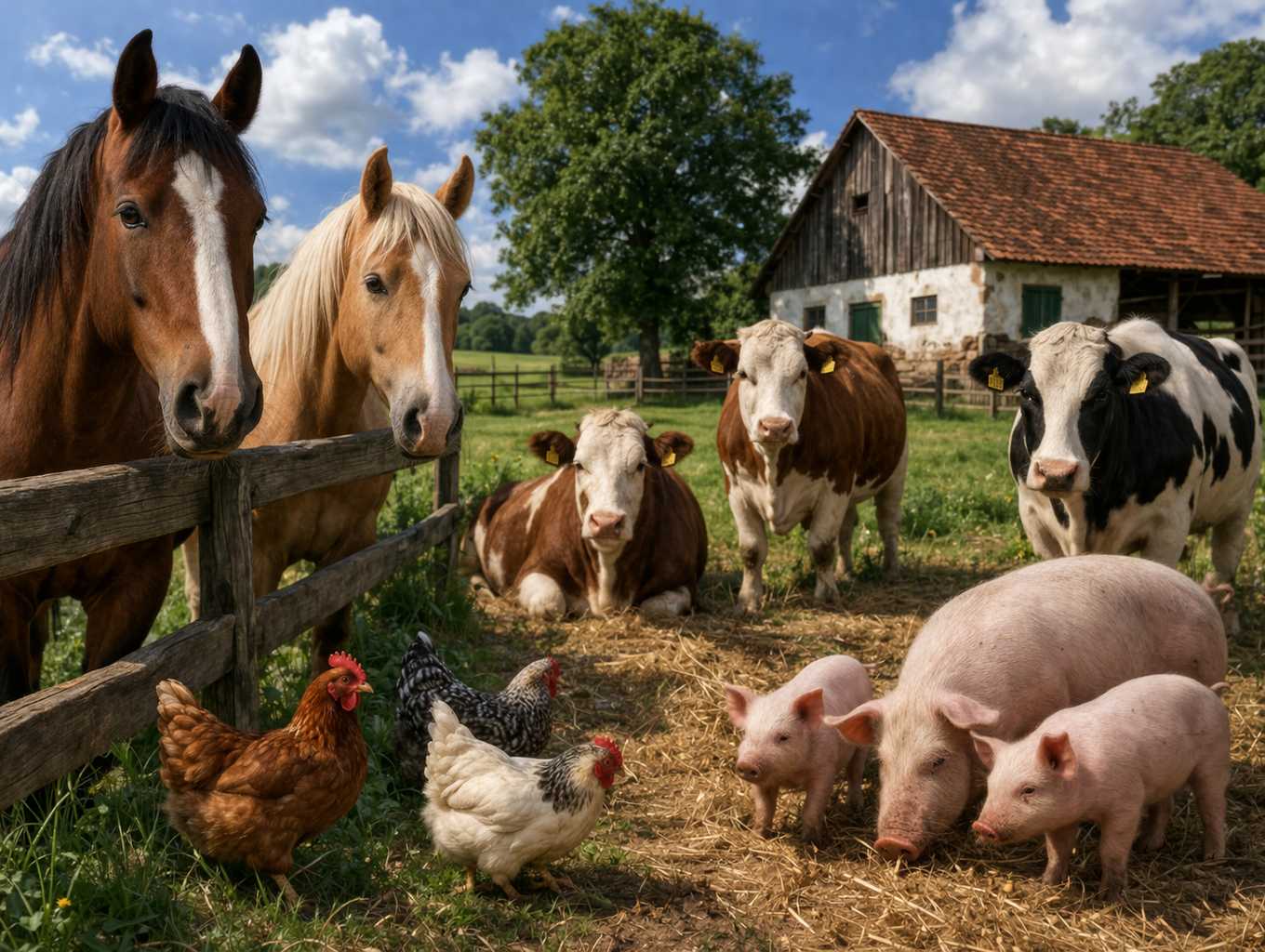 Pferde, Kühe, Schweine und Hühner auf einem Bauernhof vor einem Stallgebäude bei sonnigem Wetter