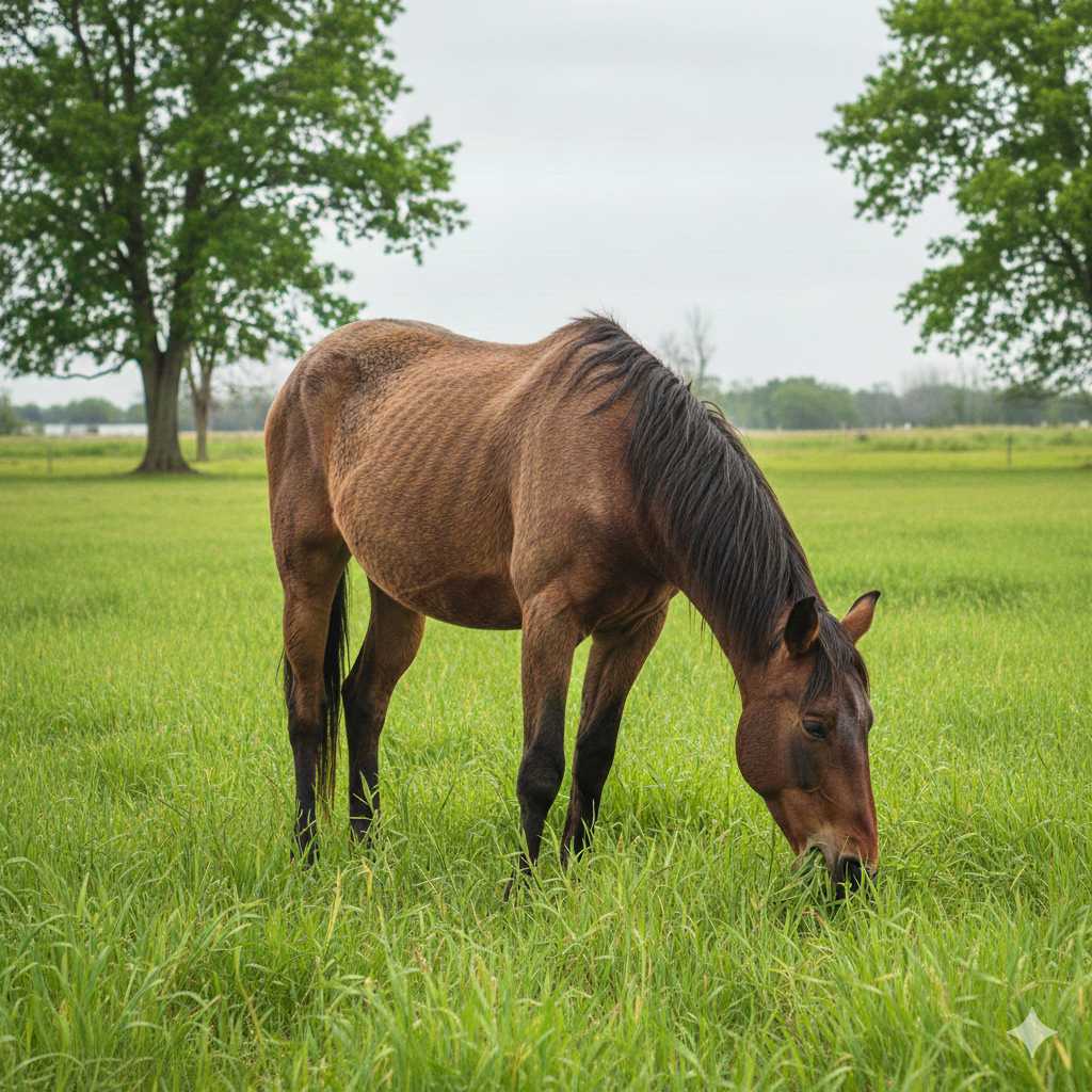 Sehr schlankes braunes Pferd mit sichtbaren Rippen grast auf einer saftig grünen Weide, im Hintergrund stehen Bäume.