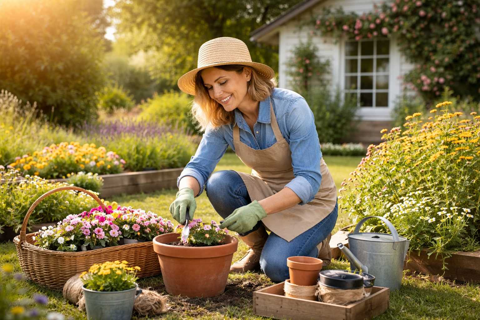 Frau pflanzt bunte Blumen in einen Blumentopf im Garten und pflegt ein liebevoll angelegtes Blumenbeet