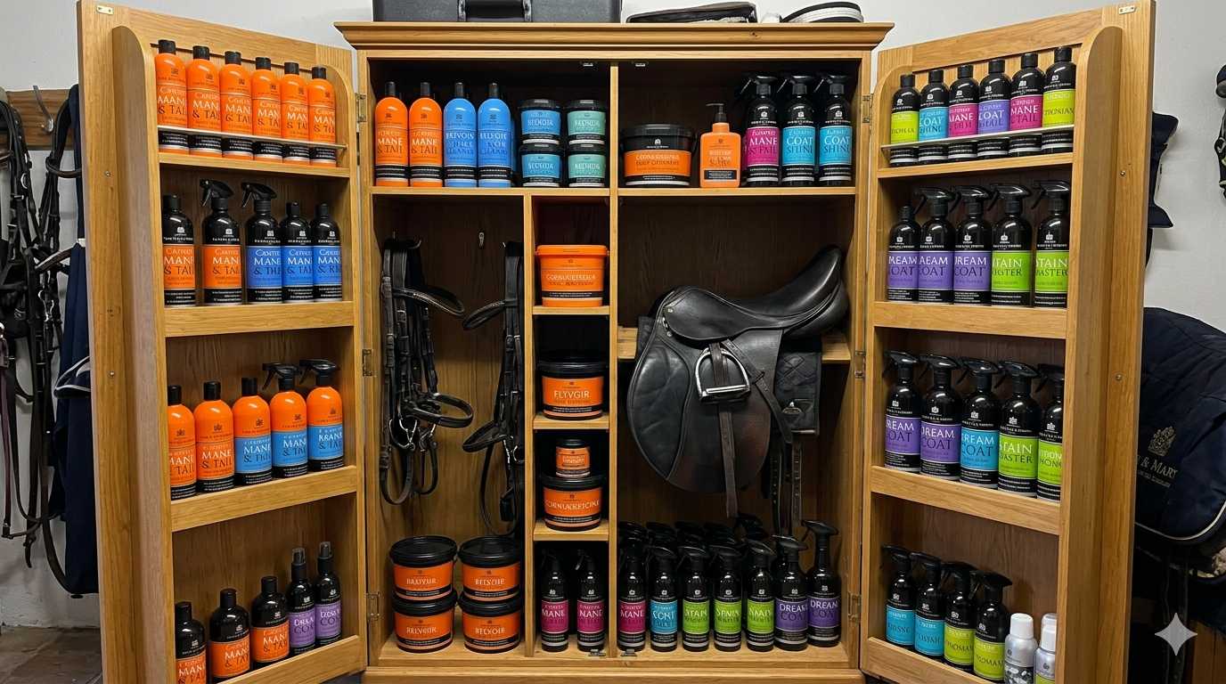 Offener Putzschrank im Stall mit Pferdepflegeprodukten, Sattel und Trense übersichtlich organisiert