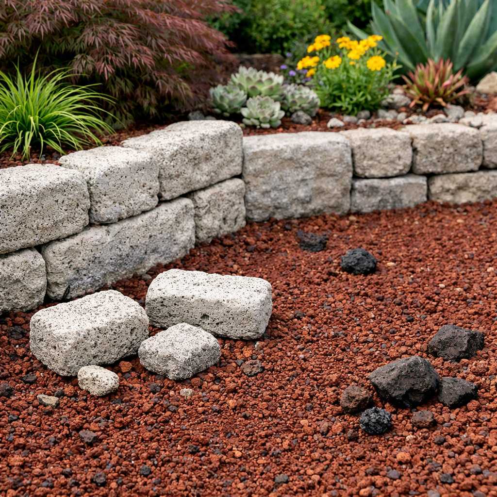 Gartenbeet mit Lavagranulat und Natursteinen als dekorative und durchlässige Bodenschicht für Pflanzen
