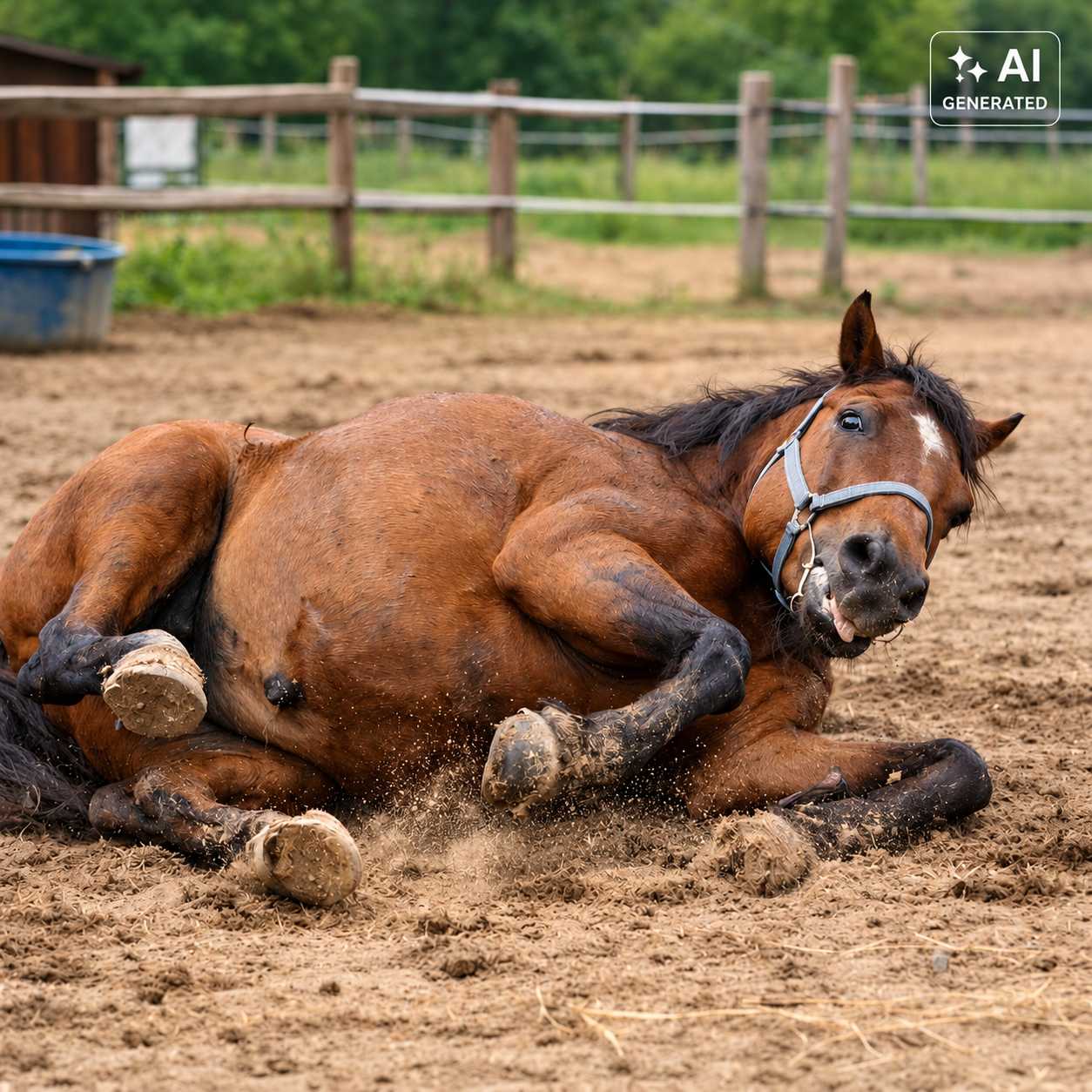 Braunes Pferd wälzt sich auf sandigem Untergrund