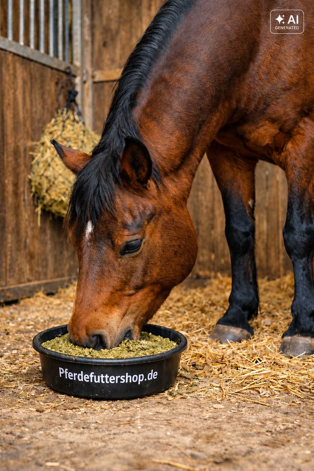Braunes Pferd mit schwarzer Mähne frisst Pferdefutter aus einem schwarzen Futtertrog mit der Aufschrift „Pferdefuttershop.de“. Im Hintergrund hängen Heu und Stroh in der Stallbox.