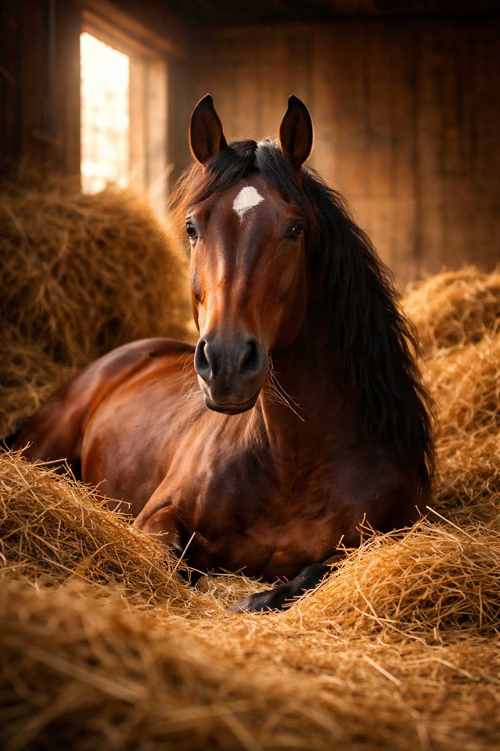Braunes Pferd liegt entspannt auf frischem Stroh in einer warm beleuchteten Stallbox