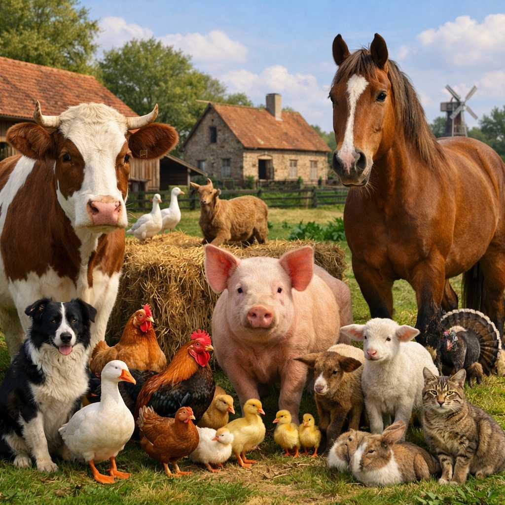 Verschiedene Bauernhoftiere wie Kuh, Pferd, Schwein, Schaf, Hund, Katze, Hühner und Enten stehen gemeinsam auf einem Hof
