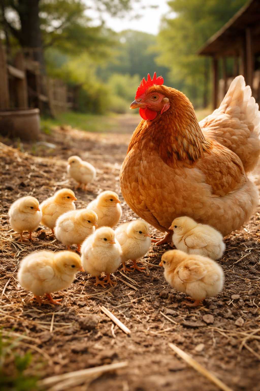 Eine Henne steht mit mehreren Küken auf einem Bauernhof im warmen Sonnenlicht