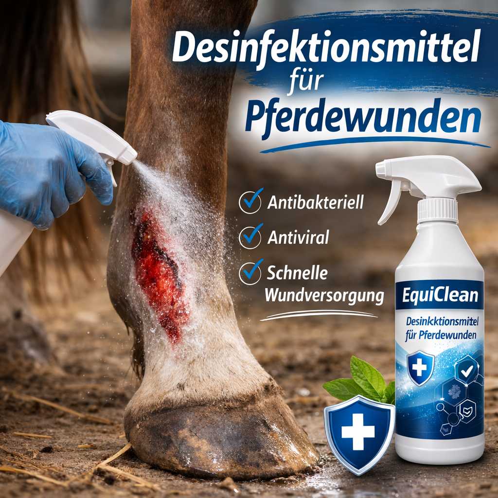 Desinfektionsspray wird auf eine offene Wunde am Pferdebein aufgetragen zur Reinigung und Desinfektion