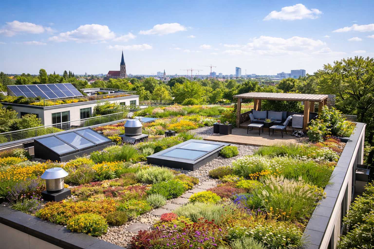 Modernes begrüntes Flachdach mit vielfältiger Bepflanzung, Sitzbereich und Solaranlage in urbaner Umgebung