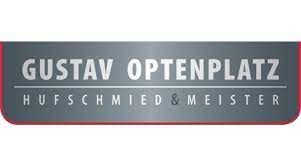 Logo von Gustav Optenplatz, Hufschmied und Meister, mit grauem Hintergrund und roter Linie.