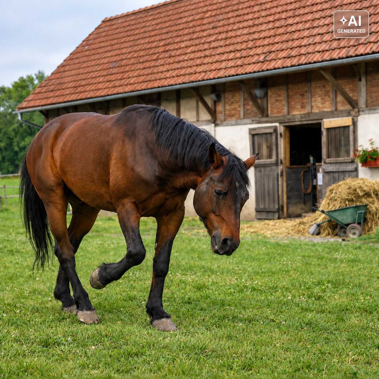 Braunes Pferd läuft auf einer grünen Weide vor einem Stallgebäude