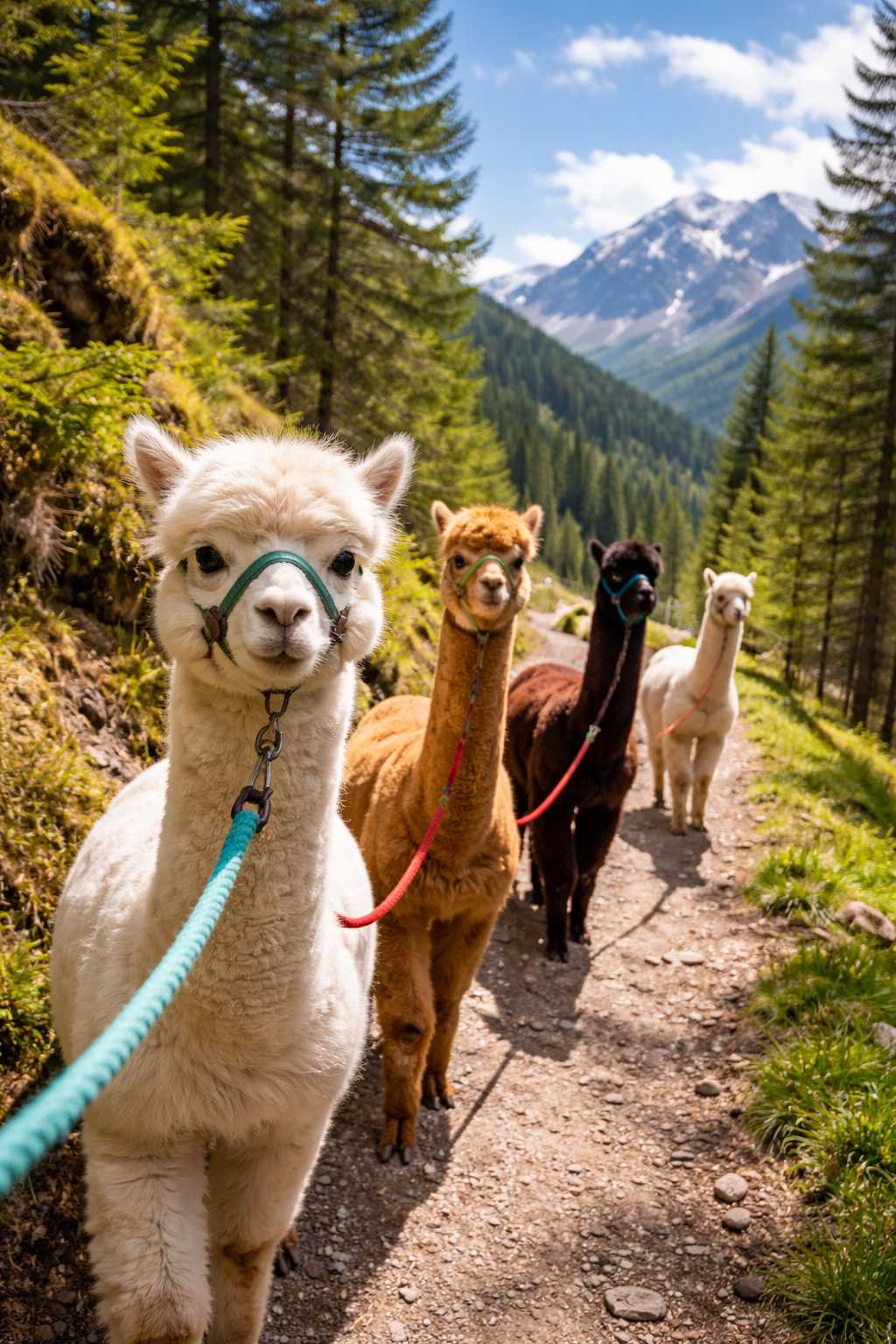 Mehrere Alpakas laufen an Leinen über einen Bergwanderweg durch einen Wald mit Alpenpanorama im Hintergrund