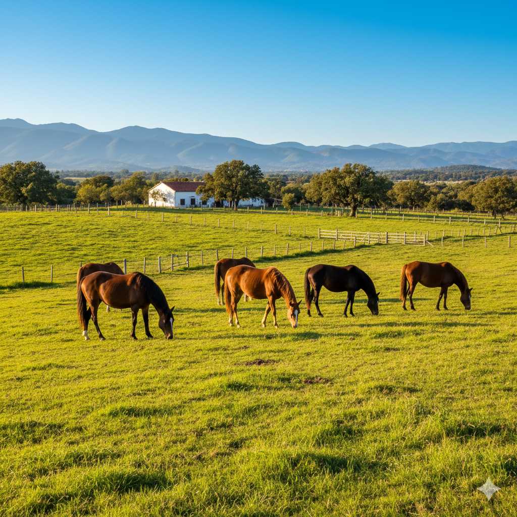 Mehrere Pferde grasen auf einer großen, grünen Weide; im Hintergrund stehen ein Bauernhaus, Bäume und eine Berglandschaft unter blauem Himmel.