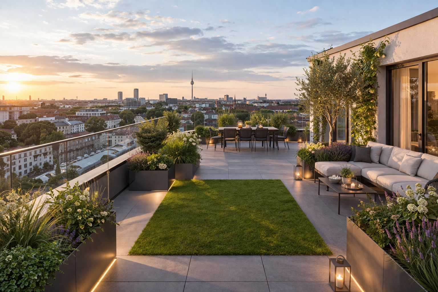 Moderne Dachterrasse mit Pflanzen, Lounge-Möbeln, Beleuchtung und Blick über die Stadt bei Sonnenuntergang