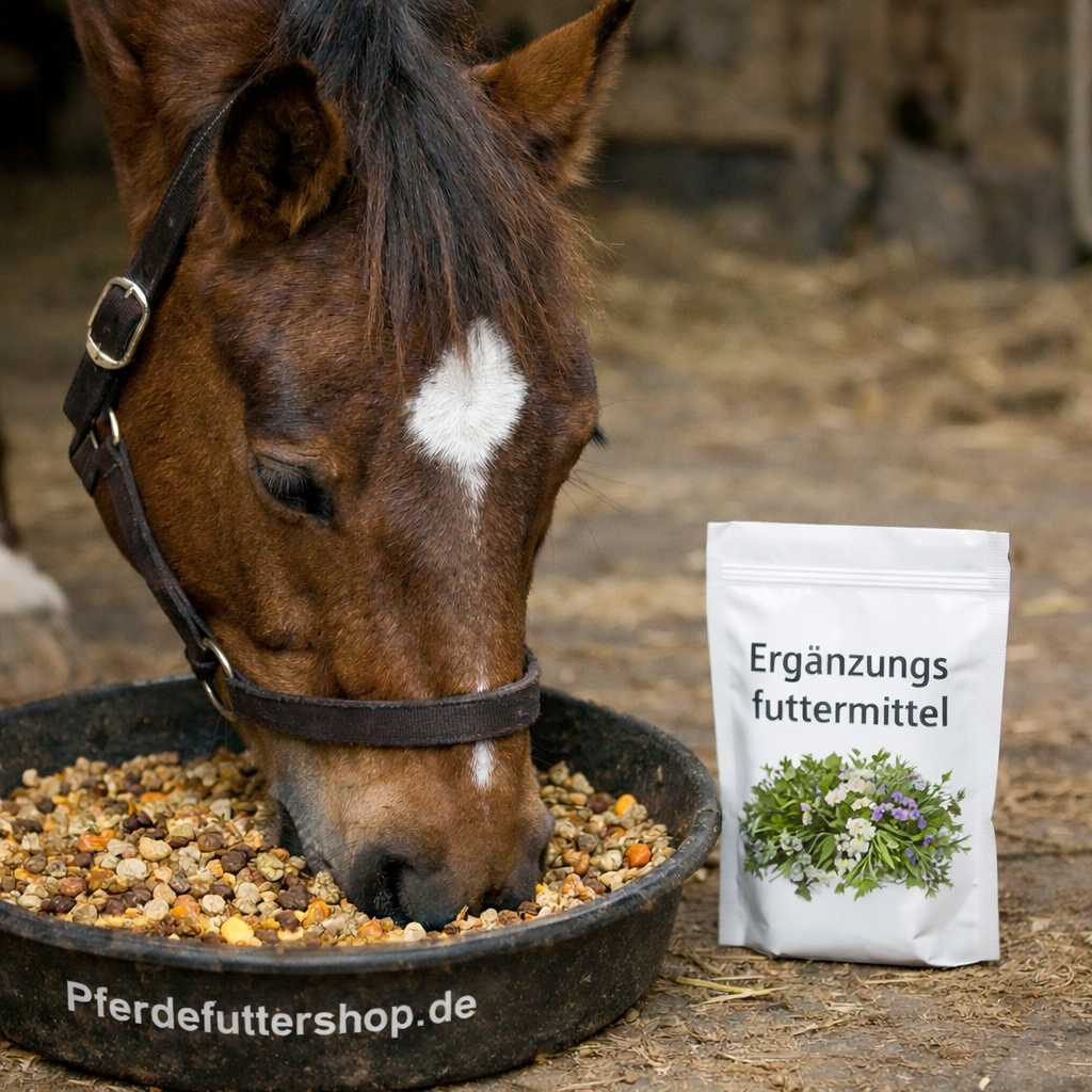 Braunes Pferd frisst Pferdefutter aus einer Futterschüssel neben einem Beutel mit Ergänzungsfuttermittel