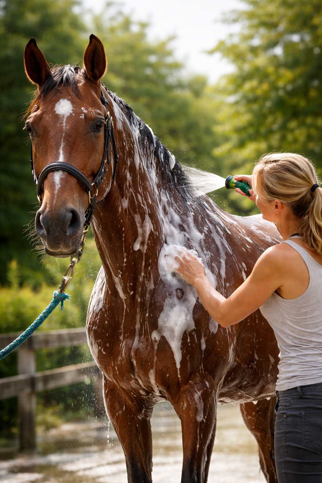 Frau wäscht ein Pferd mit Wasser und Schaum im Außenbereich
